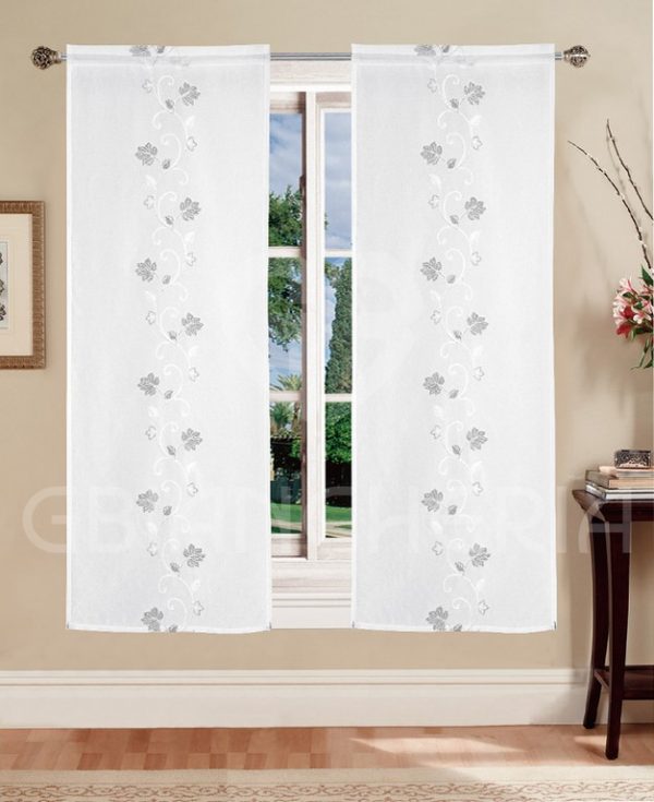 COPPIA TENDE MIRIAM RICAMO FIORI GRIGIO BIANCO