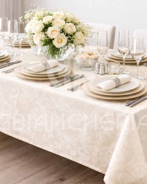 Tovaglia Cerata Lavabile Anro - Bianca Con Stampa Floreale Damascata In Rilievo, 180x140 Cm, Impermeabile, Effetto Loto, Per Interni Ed Esterni