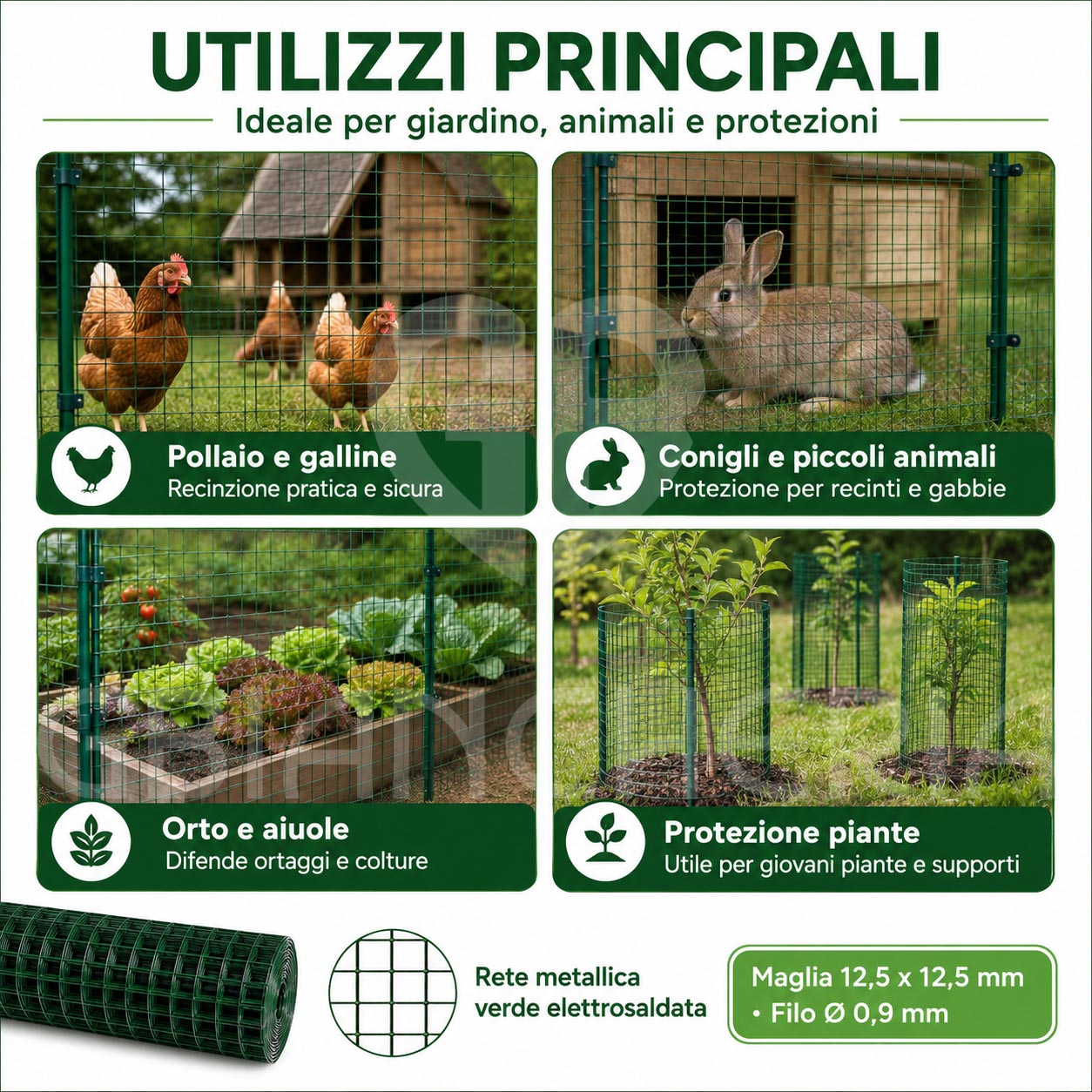 RETE METALLICA VERDE ELETTROSALDATA PVC MAGLIA 12,5X12,5 MM PER POLLAIO ORTO VOLIERA GIARDINO - immagine 5