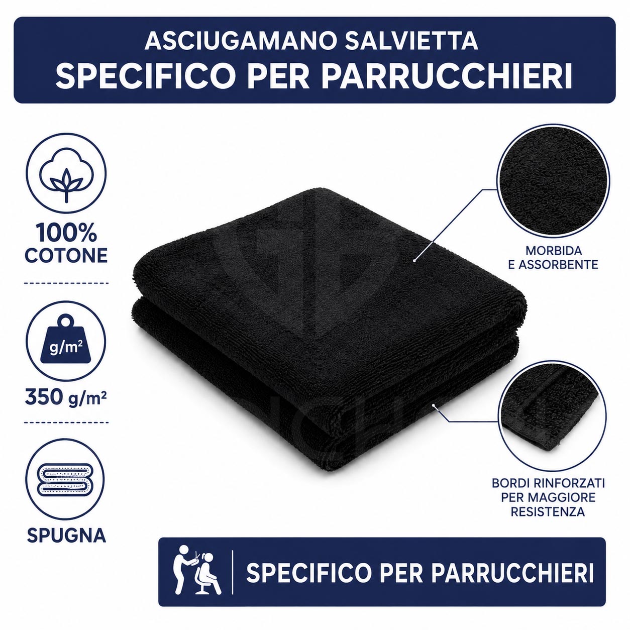 SALVIETTE PARRUCCHIERE NERE 50X95 CM IN SPUGNA 100% COTONE – SET 6 O 12 PEZZI - immagine 3