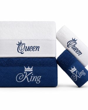 SET 4 ASCIUGAMANI KING E QUEEN IN PURO COTONE - Blu/Bianco