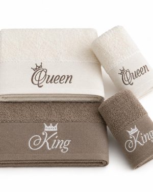 SET 4 ASCIUGAMANI KING E QUEEN IN PURO COTONE - Fango/Panna