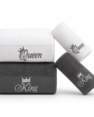 SET 4 ASCIUGAMANI KING E QUEEN IN PURO COTONE - Grigio Scuro/Bianco