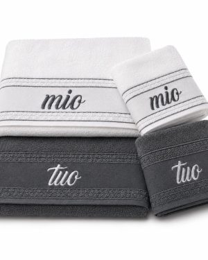 SET 4 ASCIUGAMANI MIO E TUO IN PURO COTONE MADE IN ITALY - Bianco/Grigio Scuro