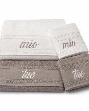 SET 4 ASCIUGAMANI MIO E TUO IN PURO COTONE MADE IN ITALY - Panna/Fango