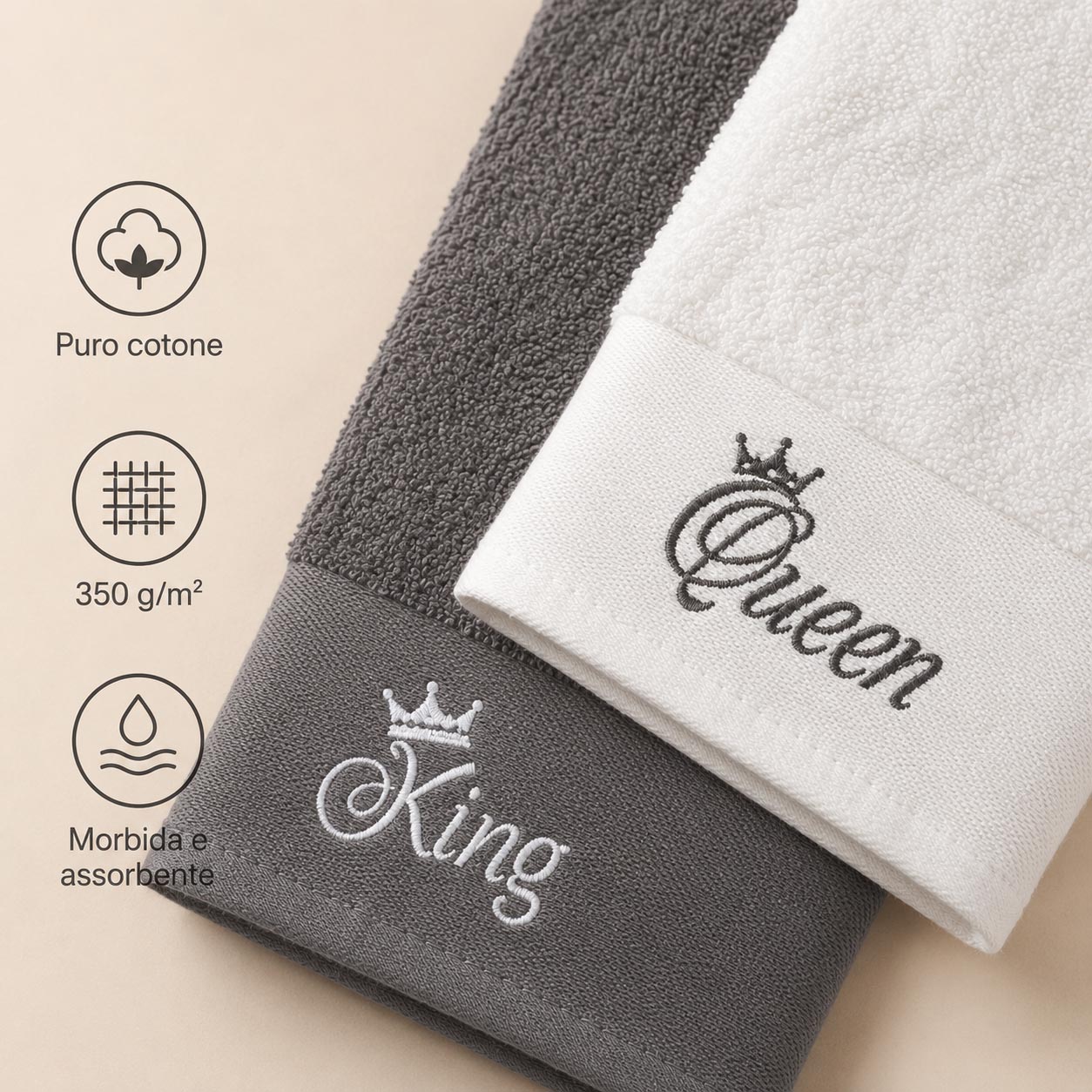 SET 4 ASCIUGAMANI KING E QUEEN IN PURO COTONE - immagine 6