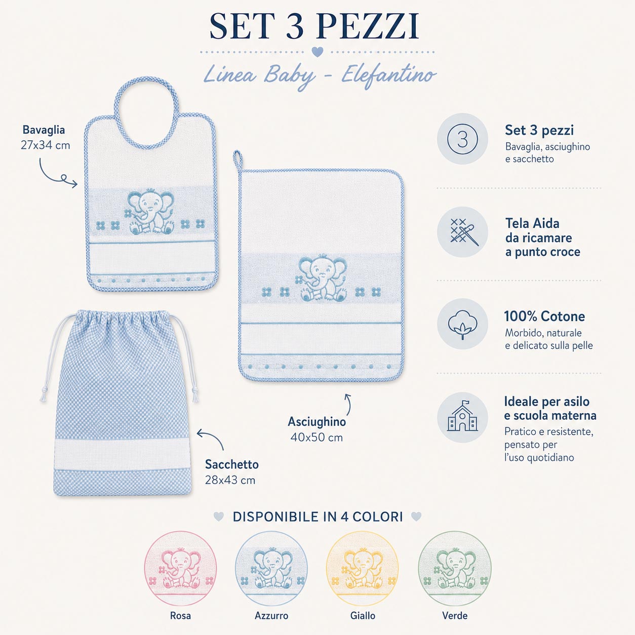 SET ASILO 3 PEZZI CON TELA AIDA ELEFANTINO - immagine 3