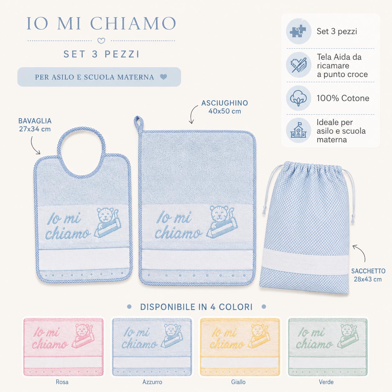 SET ASILO 3 PEZZI CON TELA AIDA IO MI CHIAMO - immagine 3