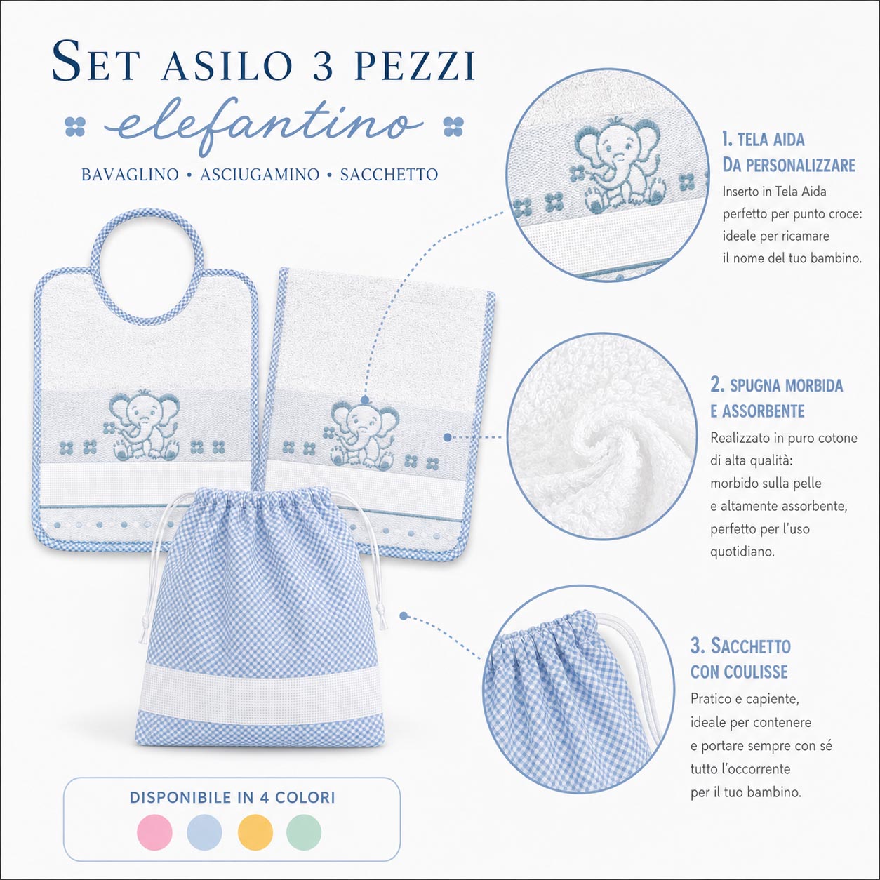 SET ASILO 3 PEZZI CON TELA AIDA ELEFANTINO - immagine 2
