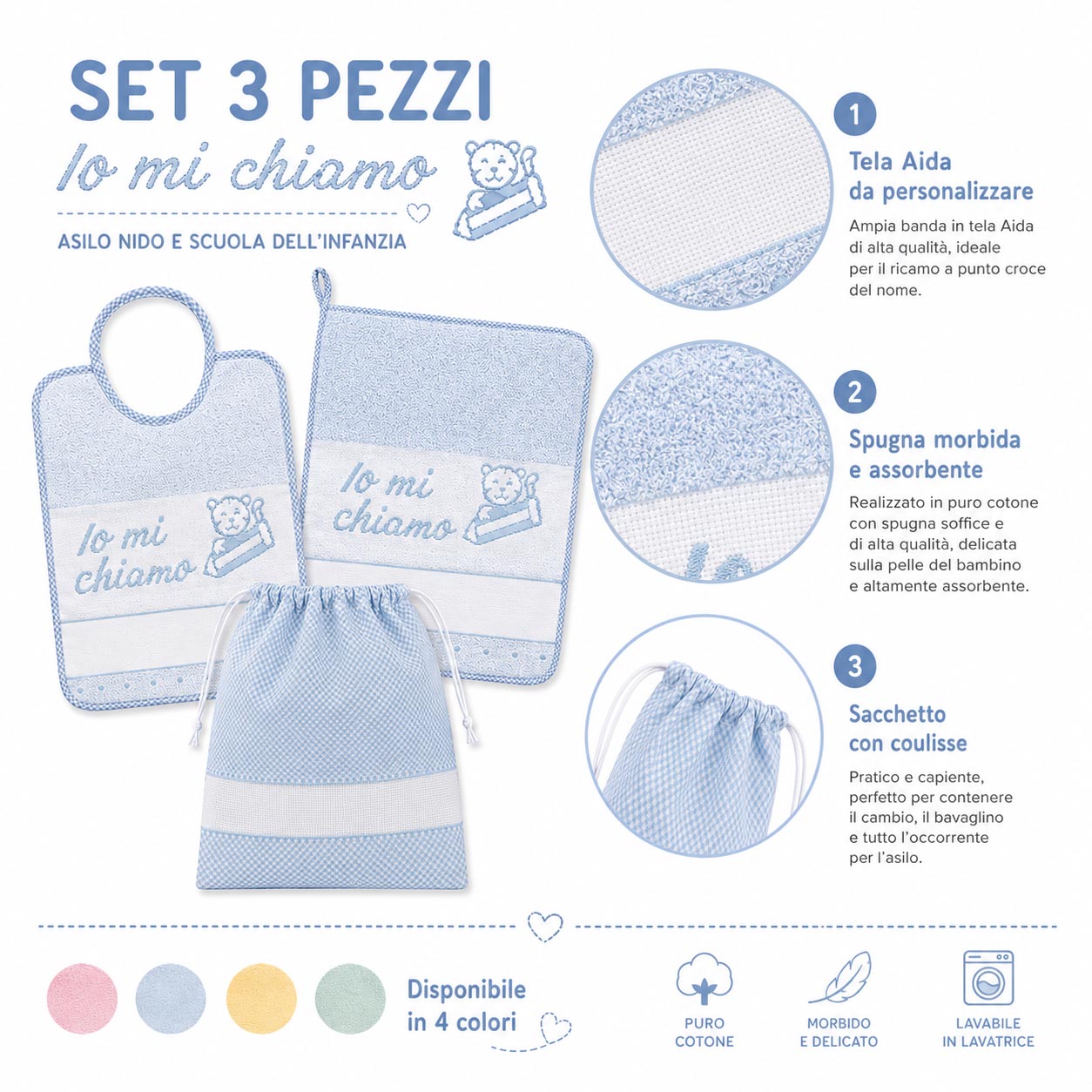 SET ASILO 3 PEZZI CON TELA AIDA IO MI CHIAMO - immagine 2