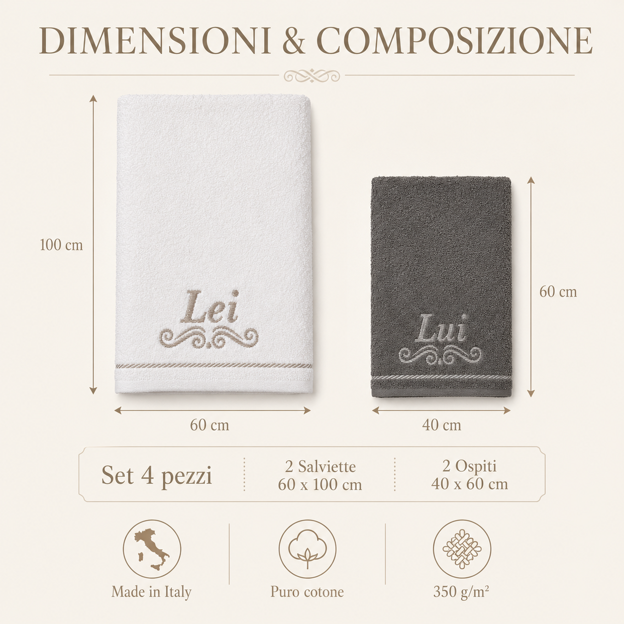 SET 4 ASCIUGAMANI LUI E LEI IN PURO COTONE - immagine 2