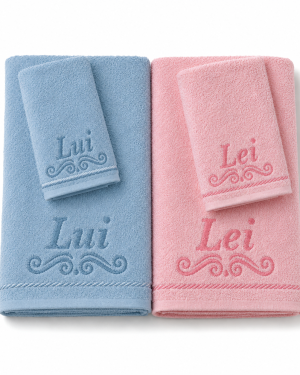 SET 4 ASCIUGAMANI LUI E LEI IN PURO COTONE - Azzurro/Rosa