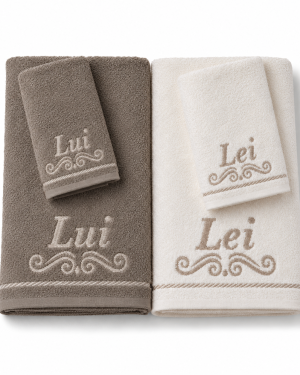 SET 4 ASCIUGAMANI LUI E LEI IN PURO COTONE - Fango/Panna