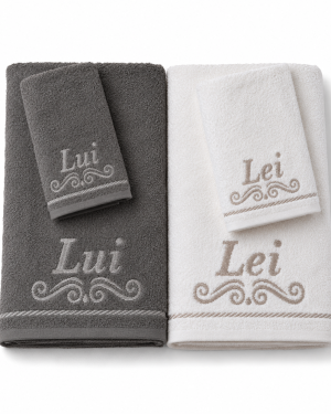 SET 4 ASCIUGAMANI LUI E LEI IN PURO COTONE - Grigio Scuro/Bianco