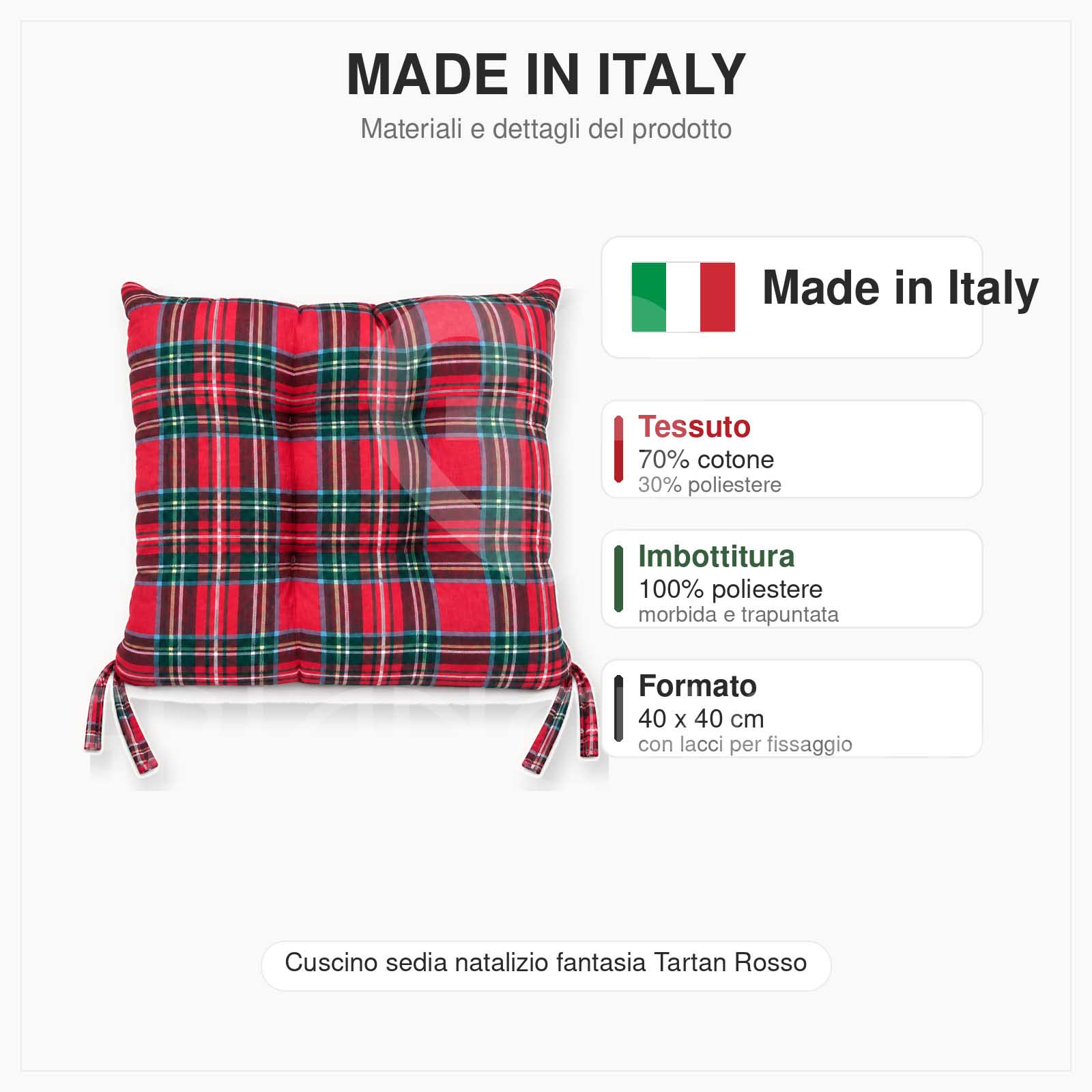 CUSCINI SEDIA NATALIZI TARTAN ROSSO 40X40 - immagine 5