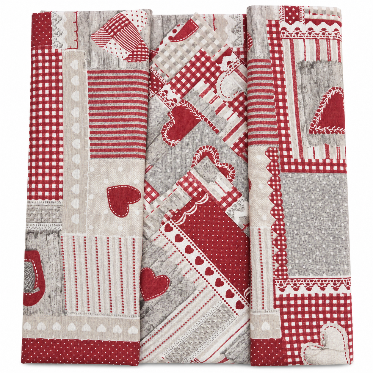 SERVIZIO TAVOLA IN COTONE CON TOVAGLIOLI CUORI PATCHWORK ROSSO - immagine 2