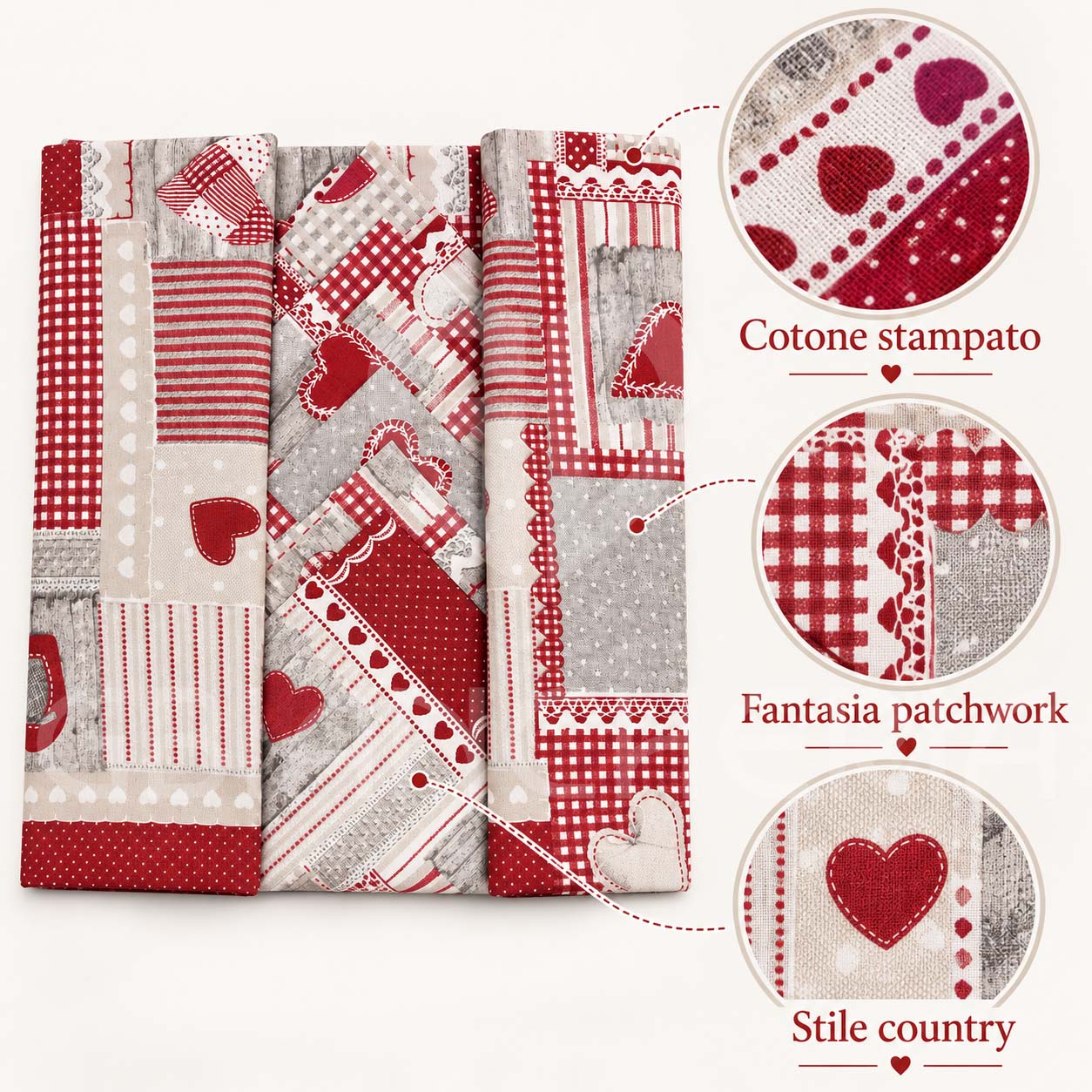 SERVIZIO TAVOLA IN COTONE CON TOVAGLIOLI CUORI PATCHWORK ROSSO - immagine 5