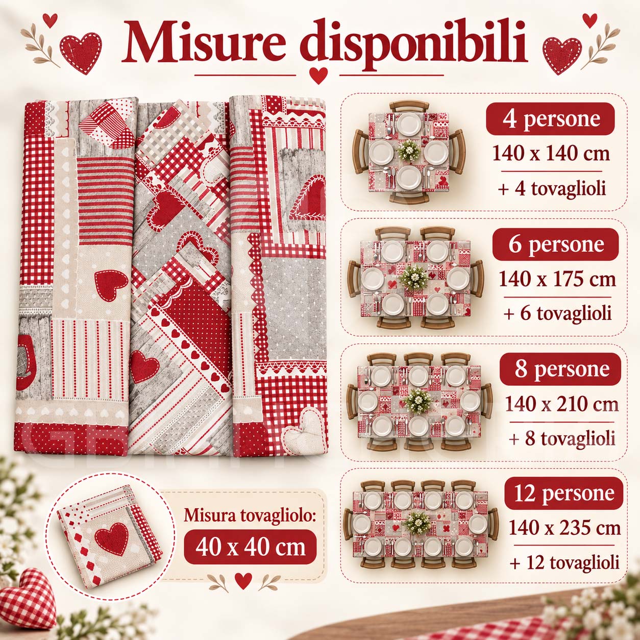SERVIZIO TAVOLA IN COTONE CON TOVAGLIOLI CUORI PATCHWORK ROSSO - immagine 6