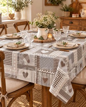 SERVIZIO TAVOLA IN COTONE CON TOVAGLIOLI CUORI PATCHWORK GRIGIO