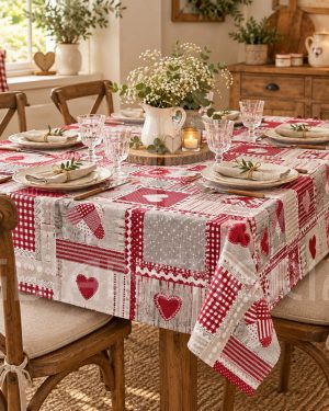 SERVIZIO TAVOLA IN COTONE CON TOVAGLIOLI CUORI PATCHWORK ROSSO