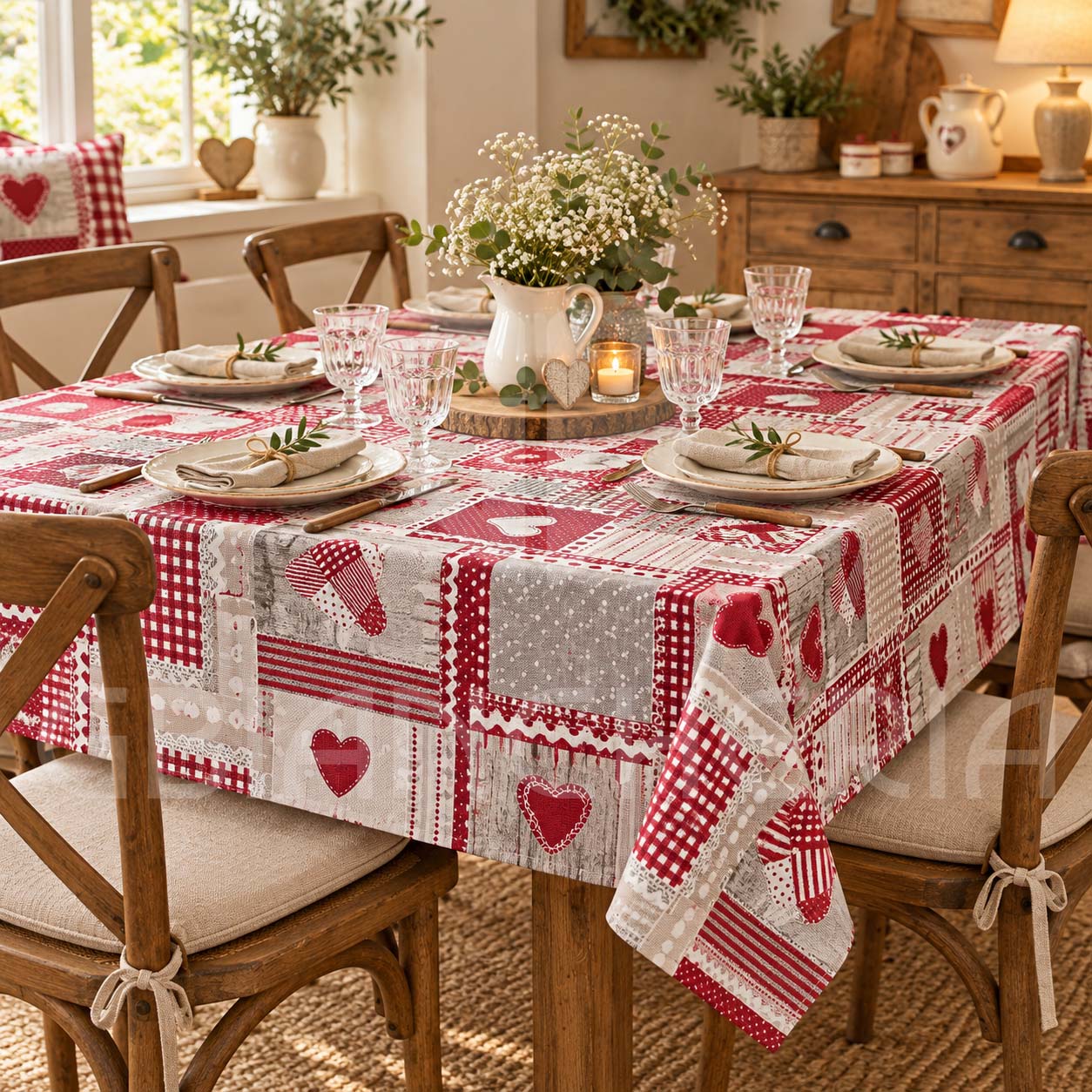 SERVIZIO TAVOLA IN COTONE CON TOVAGLIOLI CUORI PATCHWORK ROSSO
